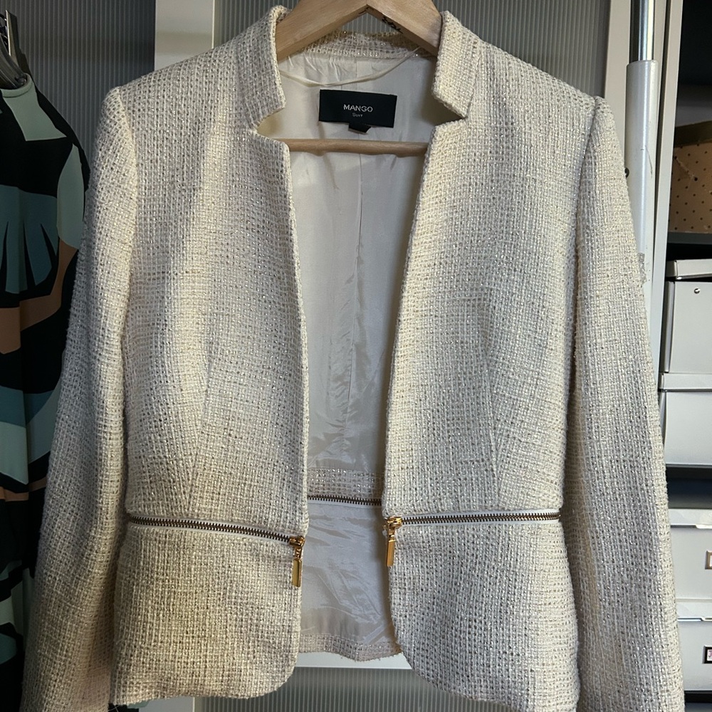 MANGO MNG Women's Elegant Cream and gold Blazer